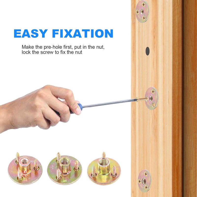 Glarks 64Pcs M10(3/8'') Brad Hole Tee Nut with Mounting Screws Set Zinc Plated Carbon Steel 3-Hole T-Nuts Furniture Hardware Flange Insert Female Thread for Wood Furniture - Image 5